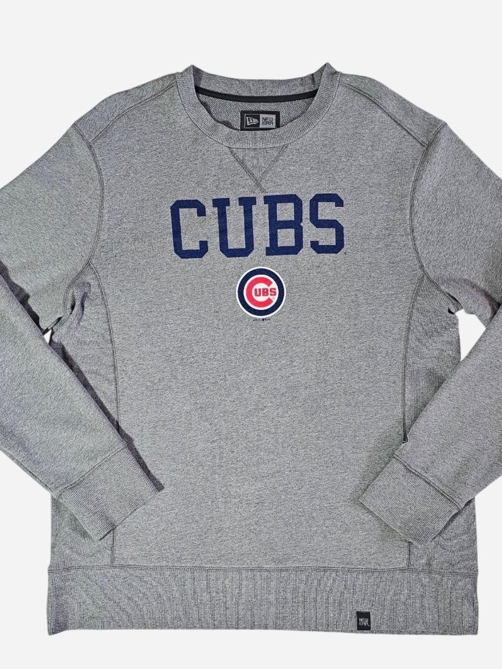 New Era Gray Crewneck with Navy Cubs Lettering and Red Accent